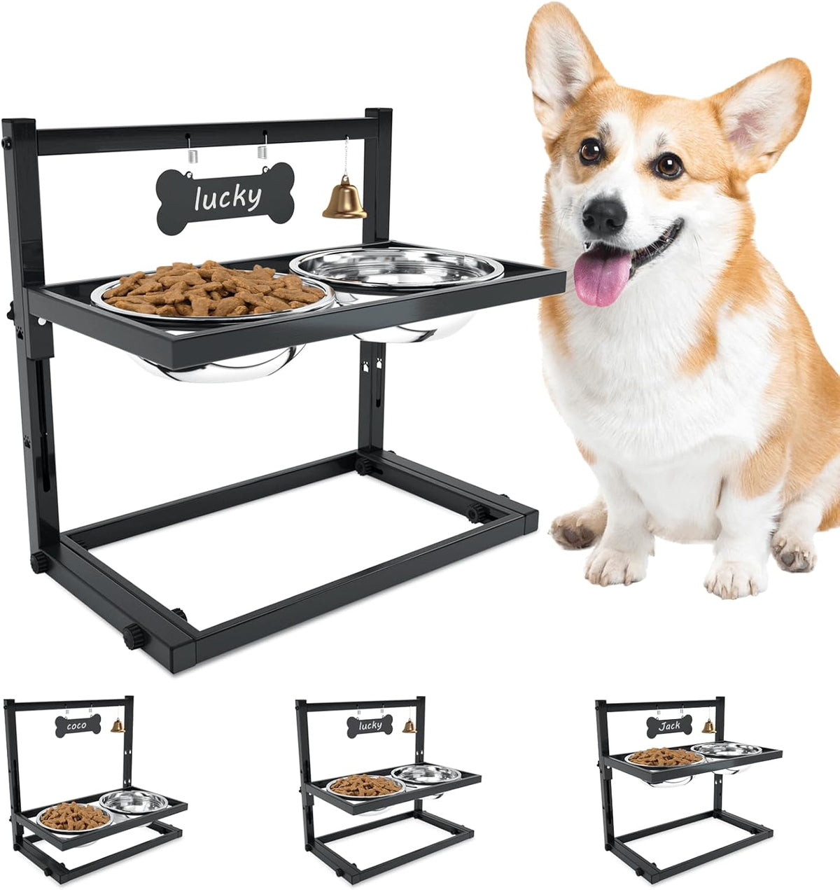 Elevated Dog Feeder for Large Breeds, Adjustable Height Raised Dog Bowl Stand with 3000ML Stainless Steel Bowls