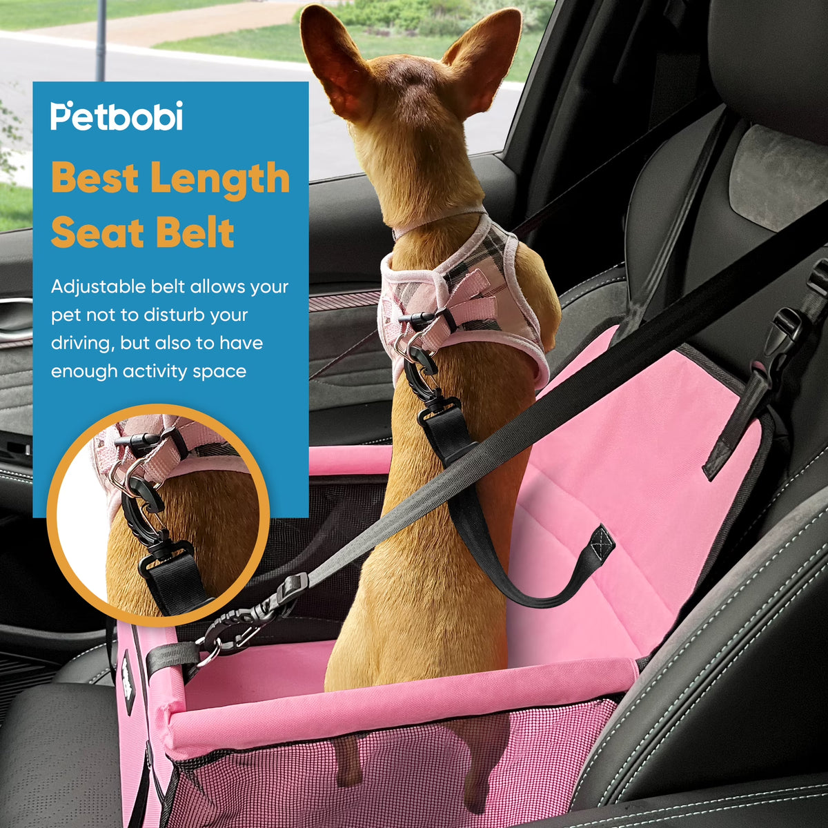 Pink dog car booster seat with safety leash — close-up of texture and finish