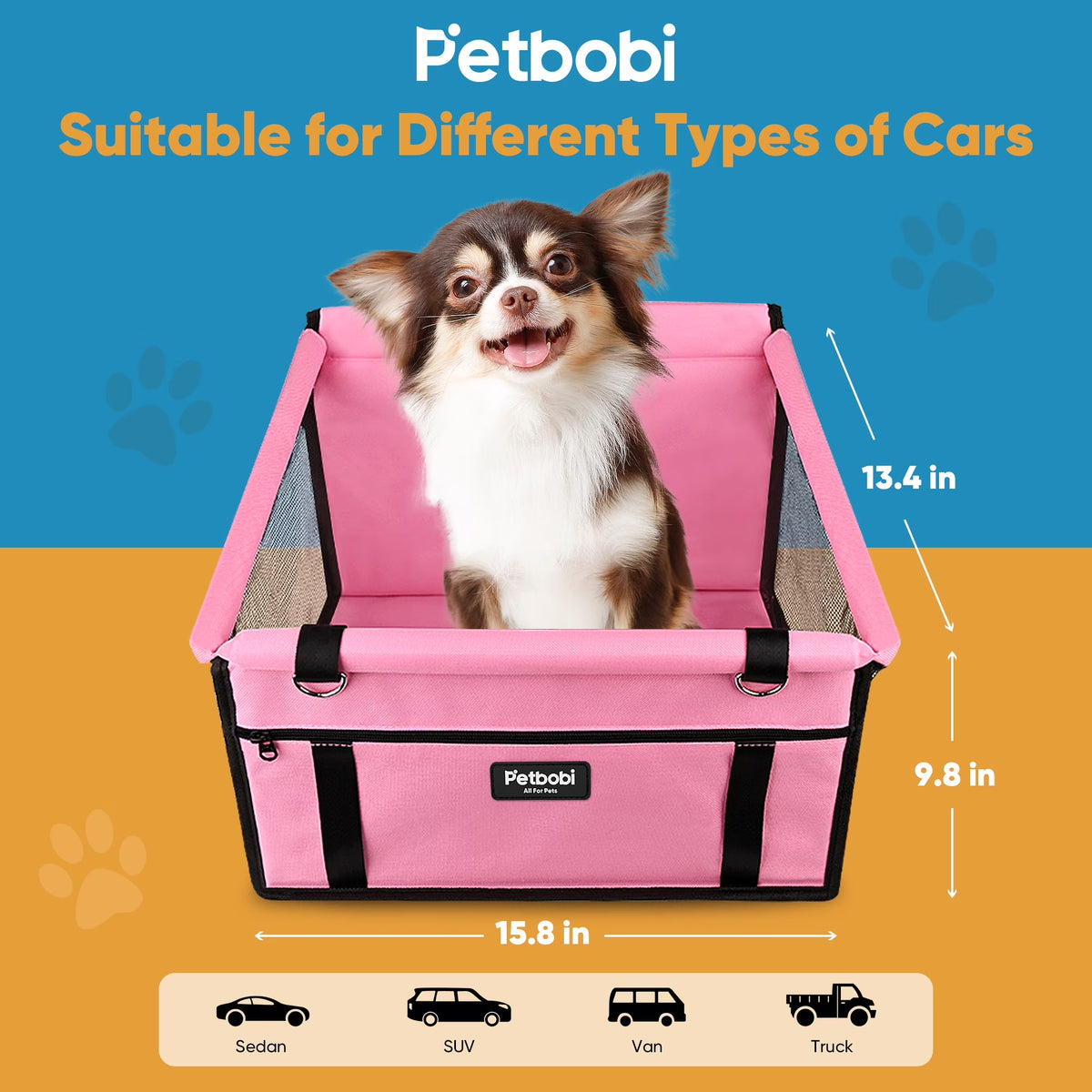 Pink dog car booster seat with safety leash — front view