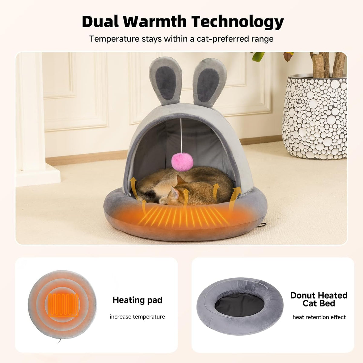 Heated cat bed with removable heating pad in soft velvet — front view