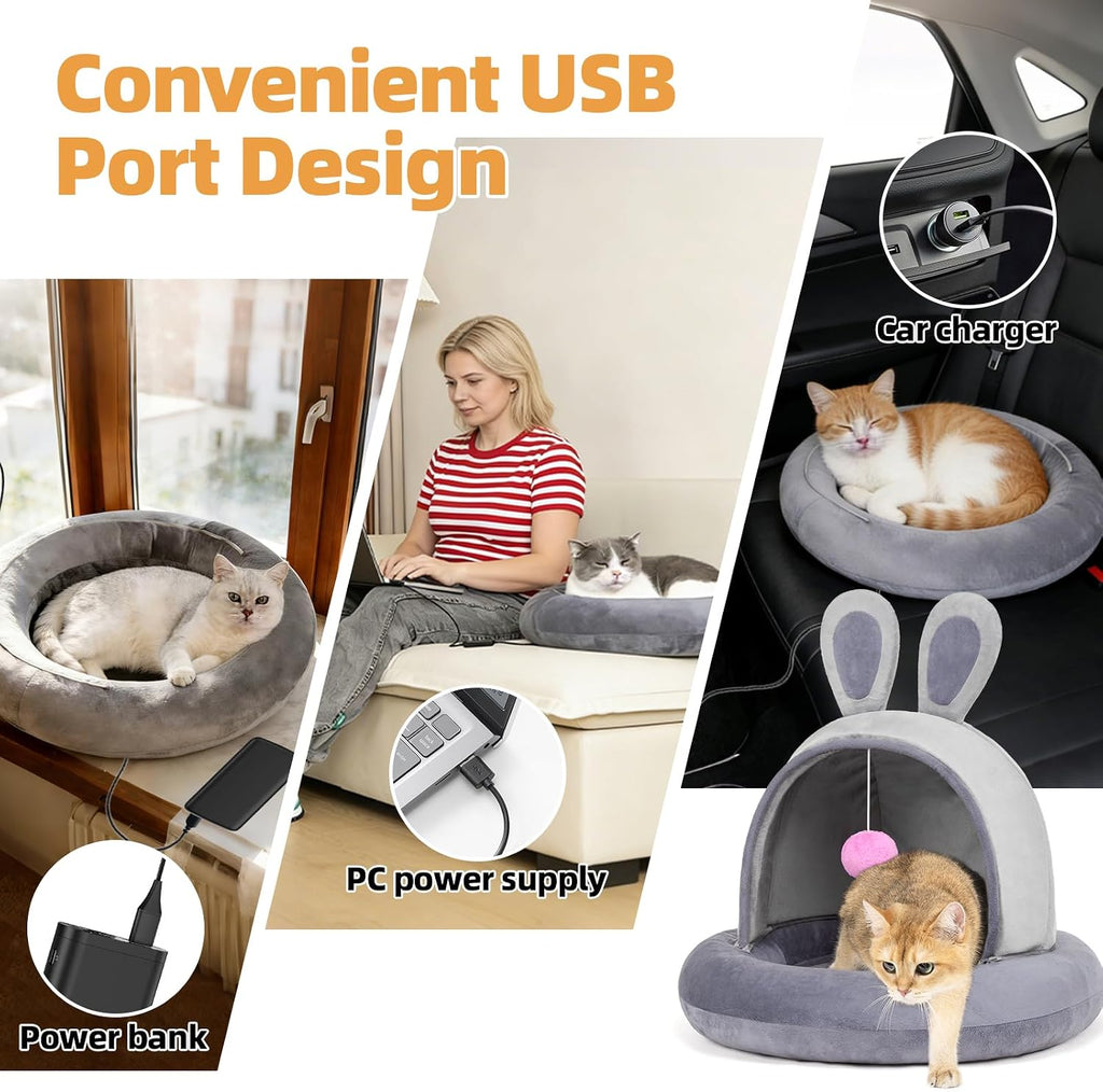 Heated cat bed with removable heating pad in soft velvet — detail view