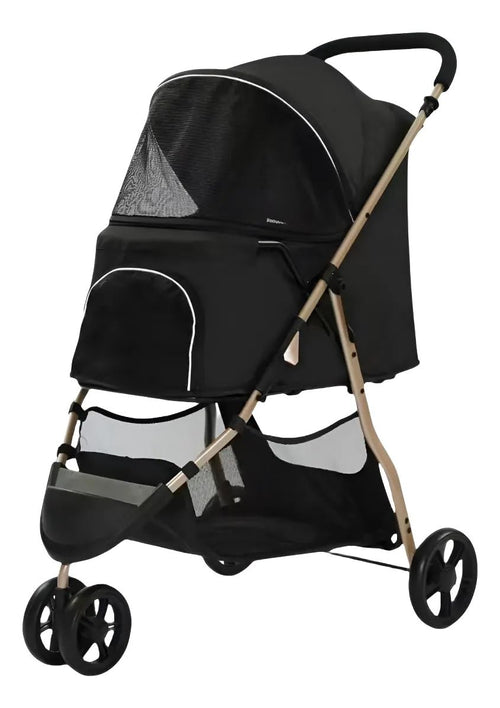 Black 3-in-1 pet stroller with detachable carrier and mesh canopy