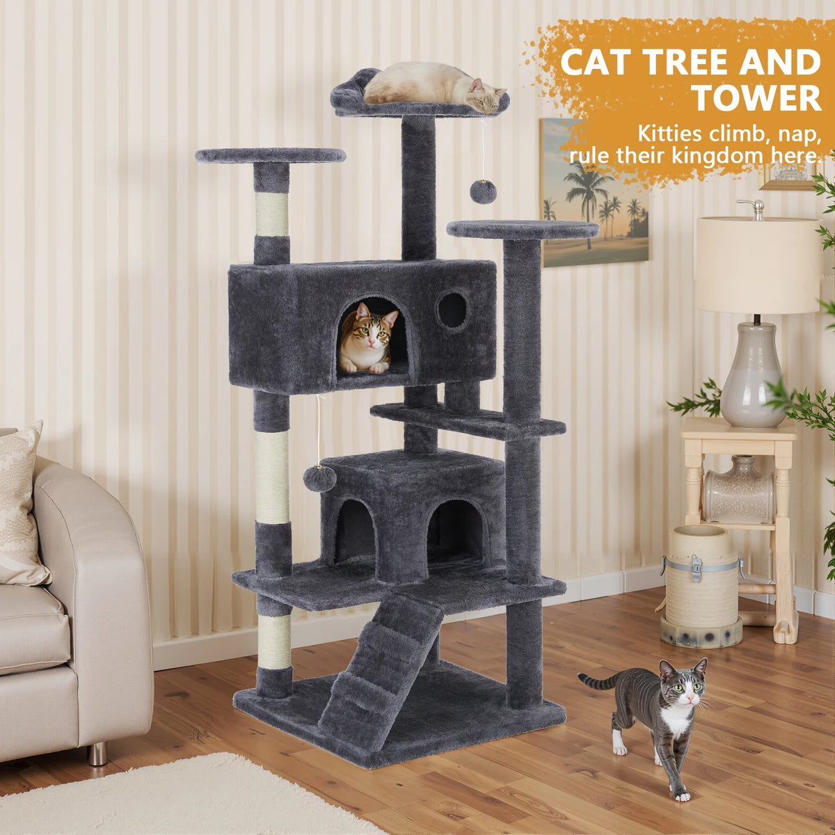 54 inch gray cat tree tower with scratching posts and condo — shown in a home setting