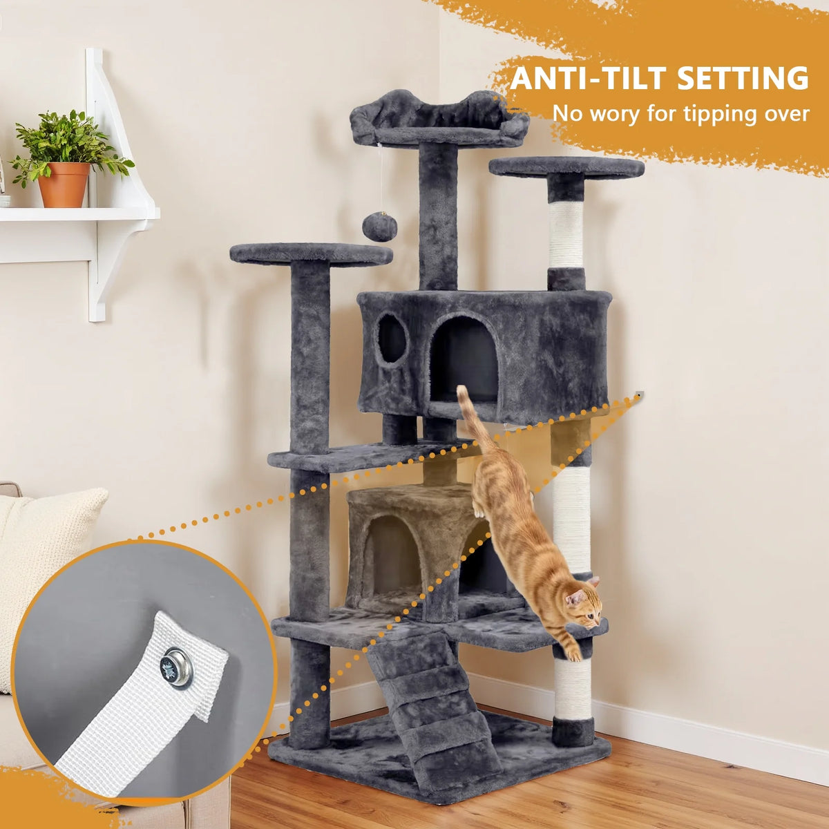 54 inch gray cat tree tower with scratching posts and condo — close-up of texture and finish