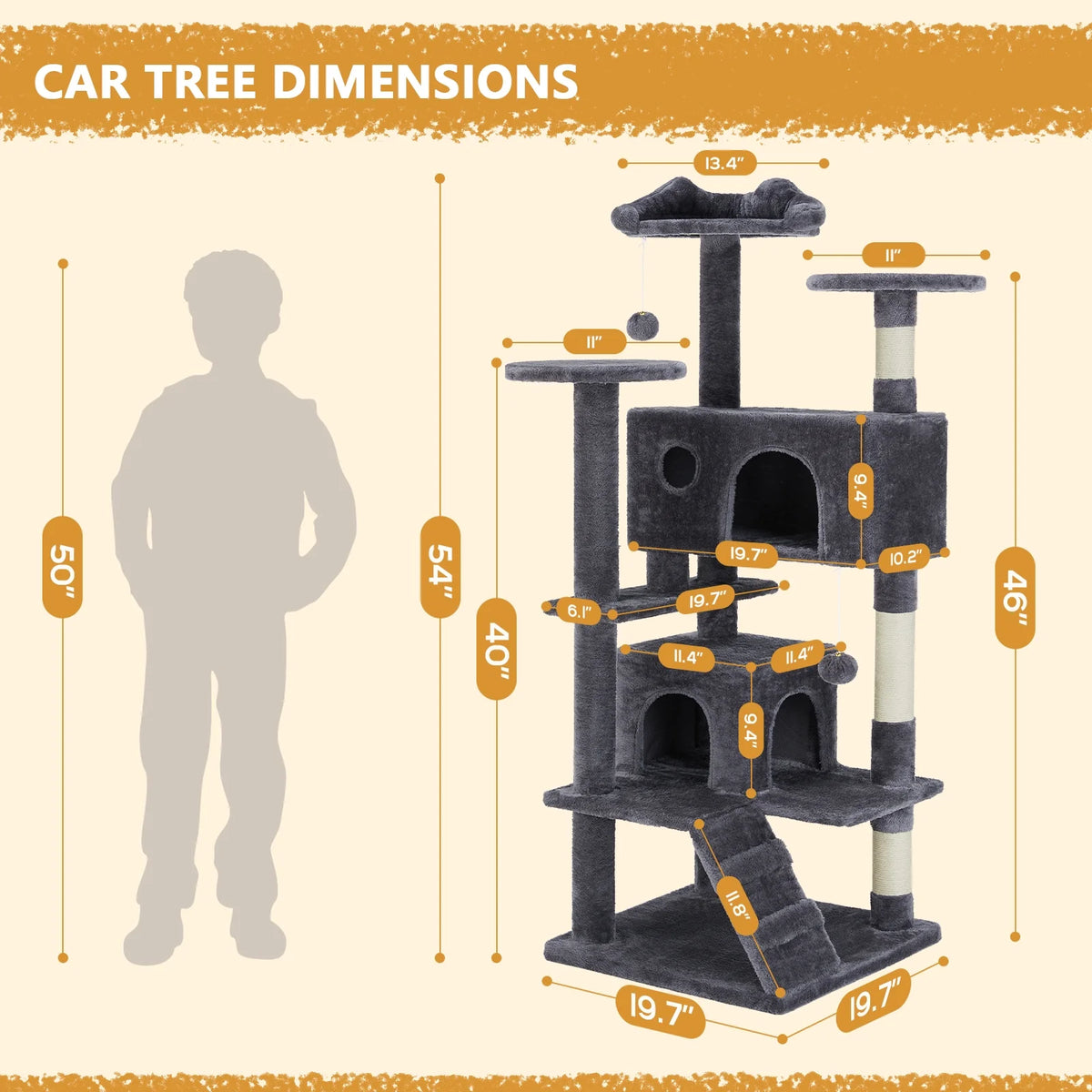 54 inch gray cat tree tower with scratching posts and condo — product detail