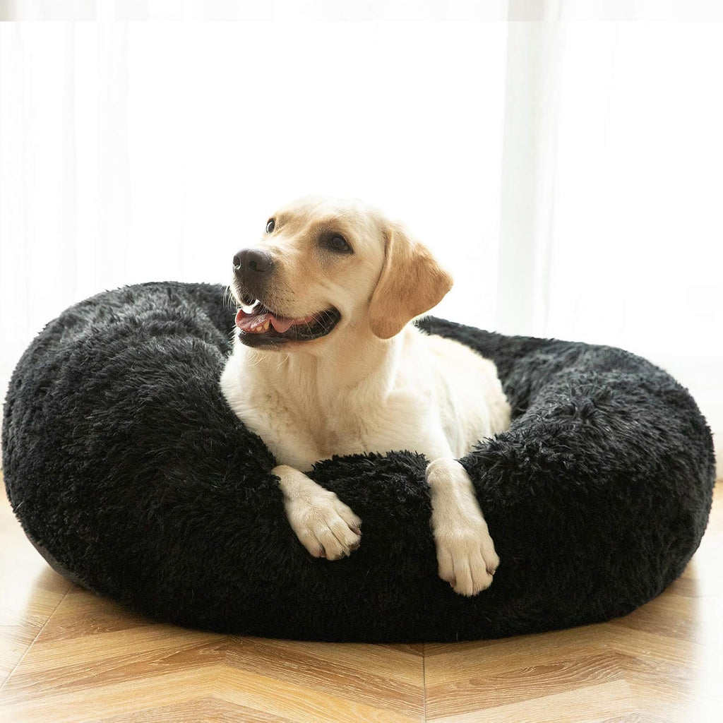 Calming donut cuddler pet bed in plush shag fur — shown in a home setting