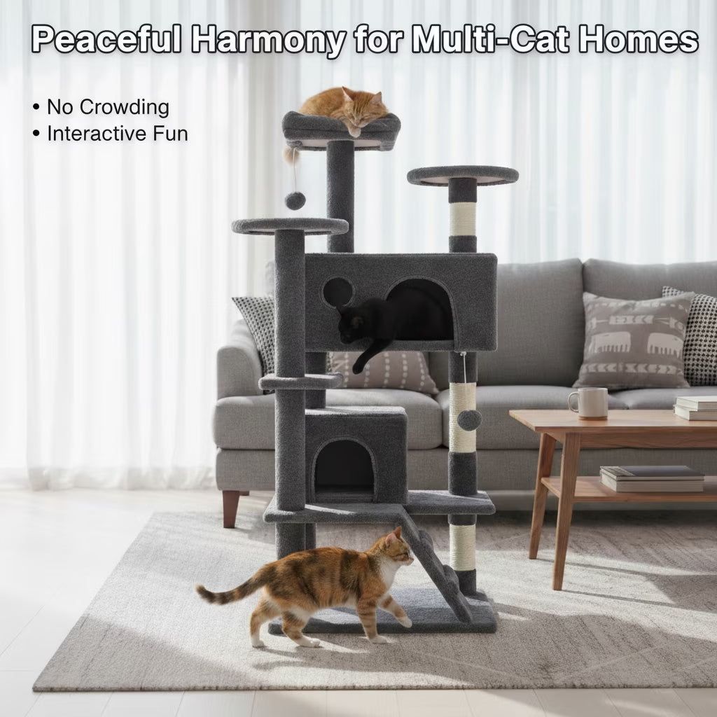 54 inch gray cat tree tower with scratching posts and condo — side view