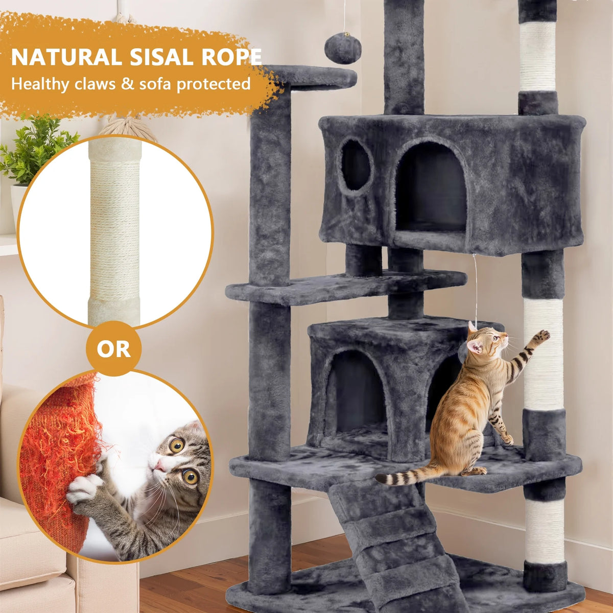 54 inch gray cat tree tower with scratching posts and condo — in use