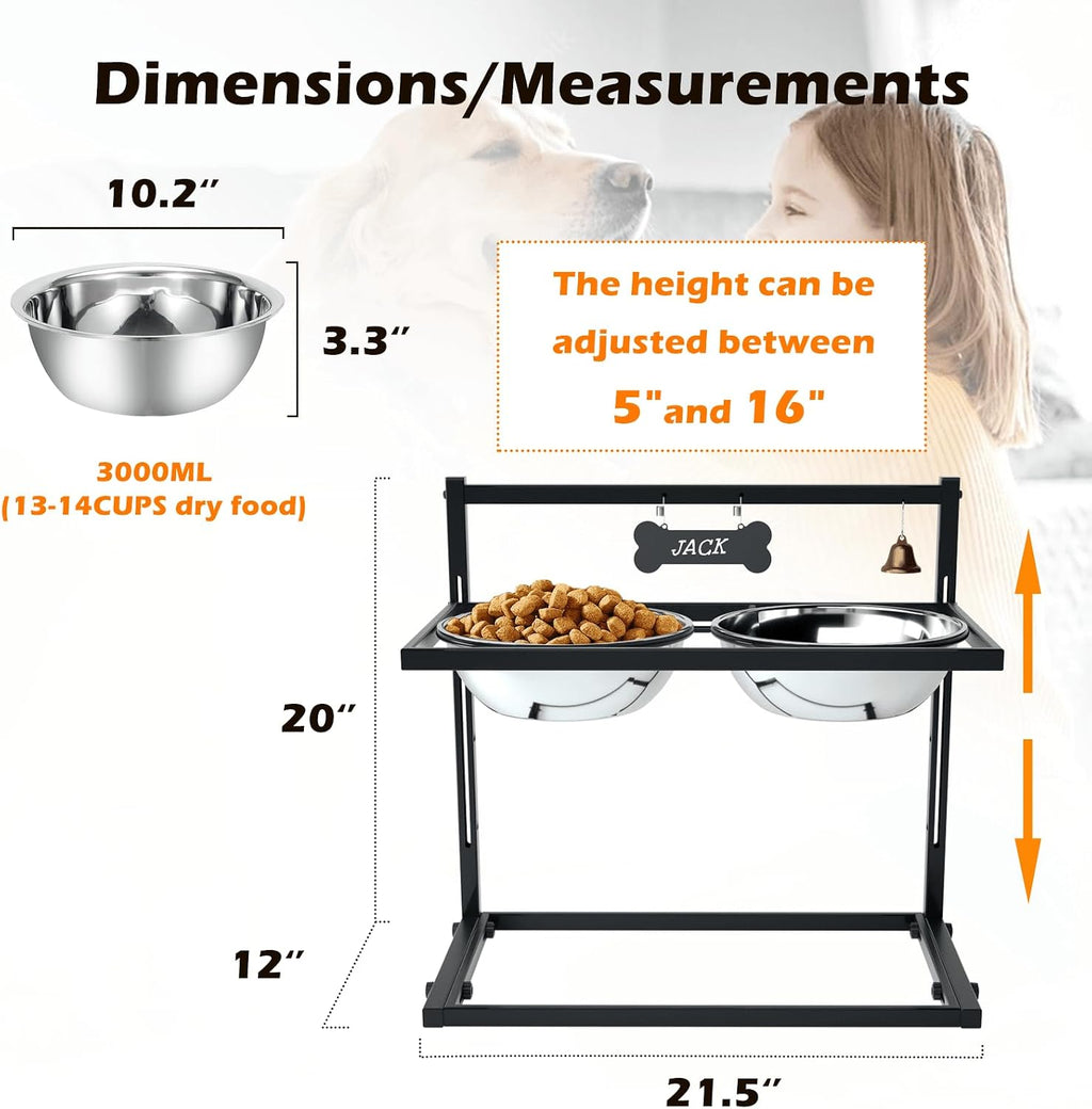 Elevated Dog Feeder for Large Breeds, Adjustable Height Raised Dog Bowl Stand with 3000ML Stainless Steel Bowls