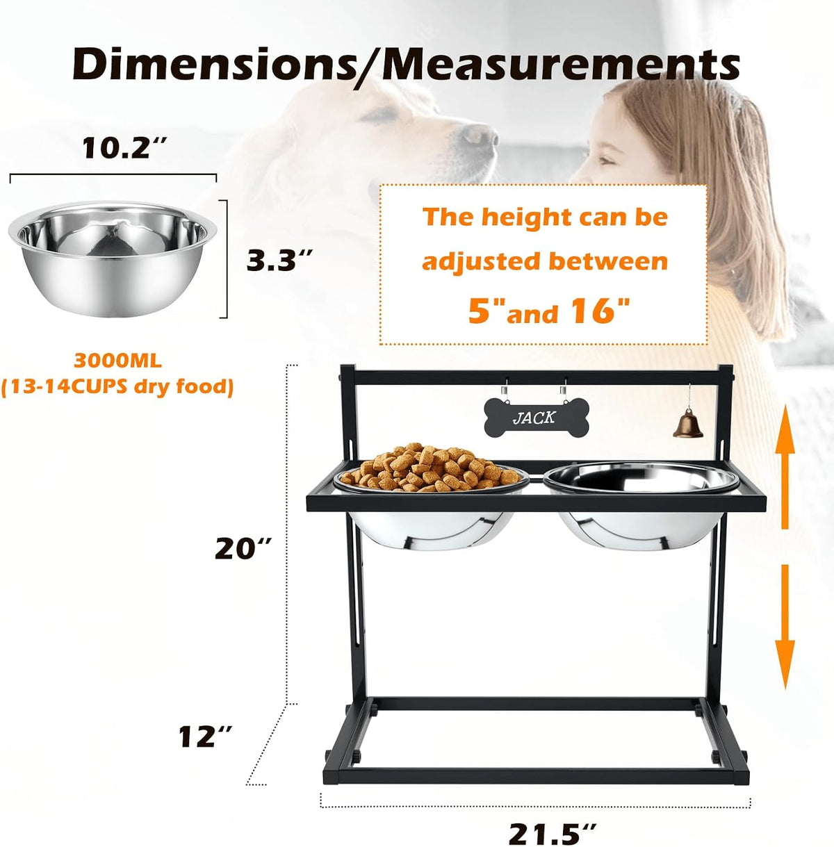Elevated Dog Feeder for Large Breeds, Adjustable Height Raised Dog Bowl Stand with 3000ML Stainless Steel Bowls