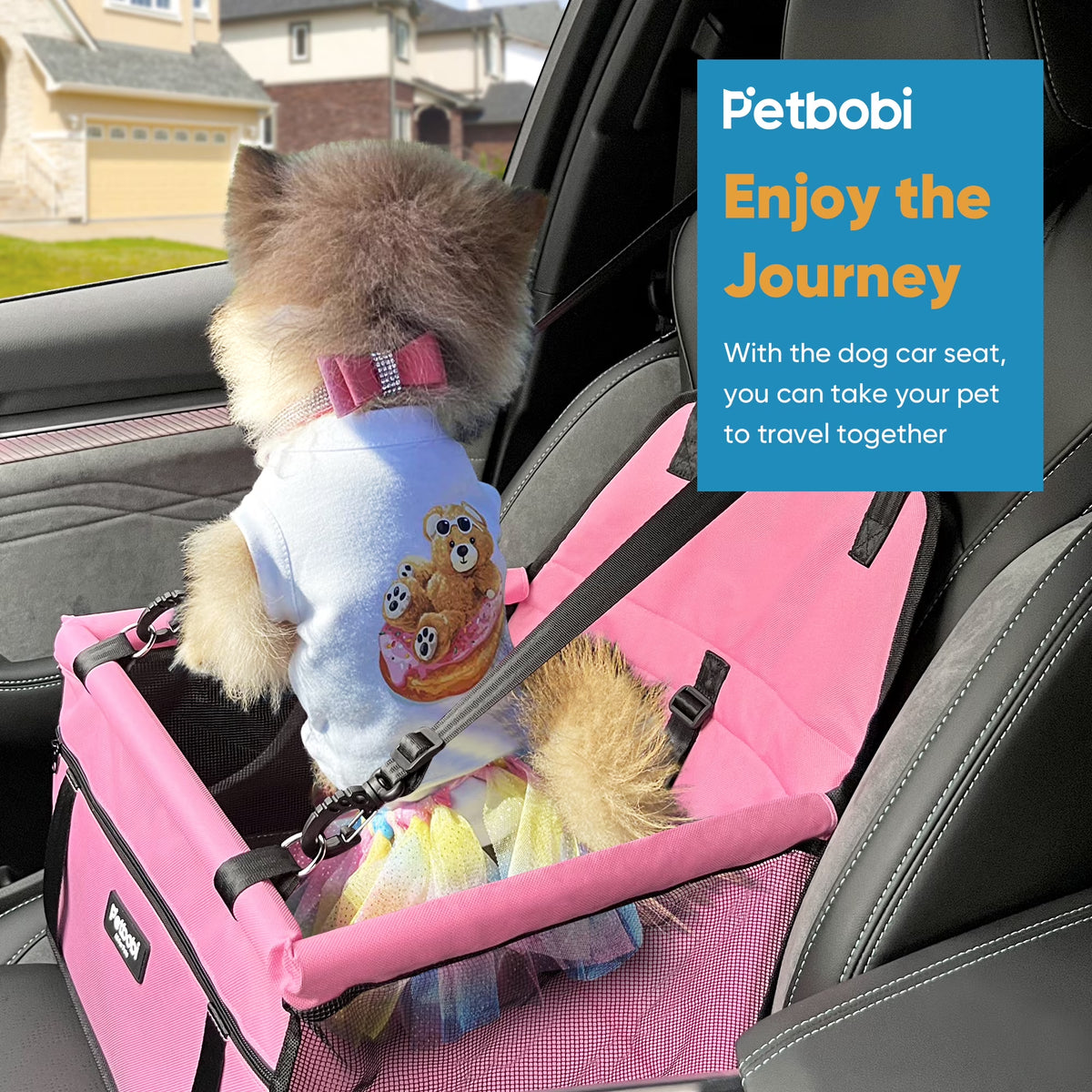 Pink dog car booster seat with safety leash — detail view