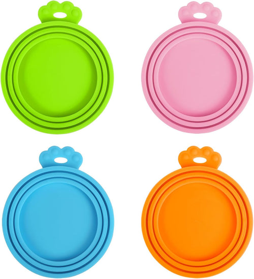 Silicone pet food can covers, 5-pack — lids in green, pink, blue and orange with paw-print pull tabs