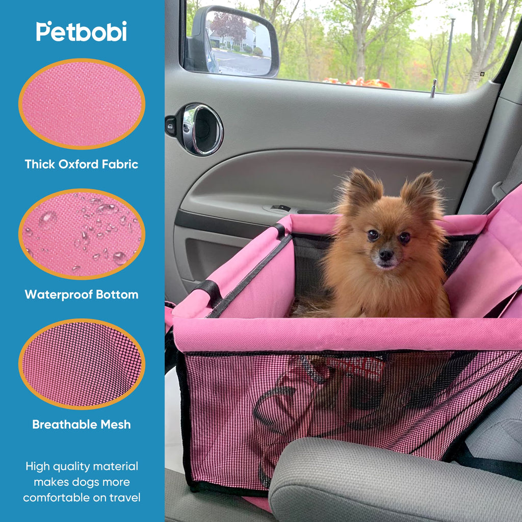 Pink dog car booster seat with safety leash — alternate angle
