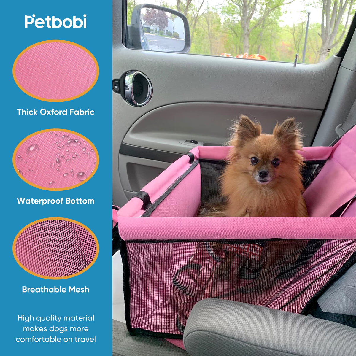 Pink dog car booster seat with safety leash — alternate angle