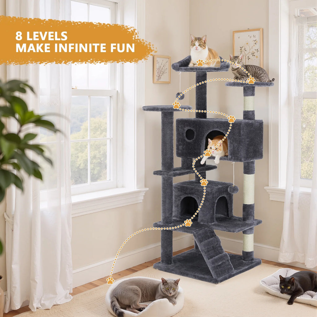 54 inch gray cat tree tower with scratching posts and condo — detail view