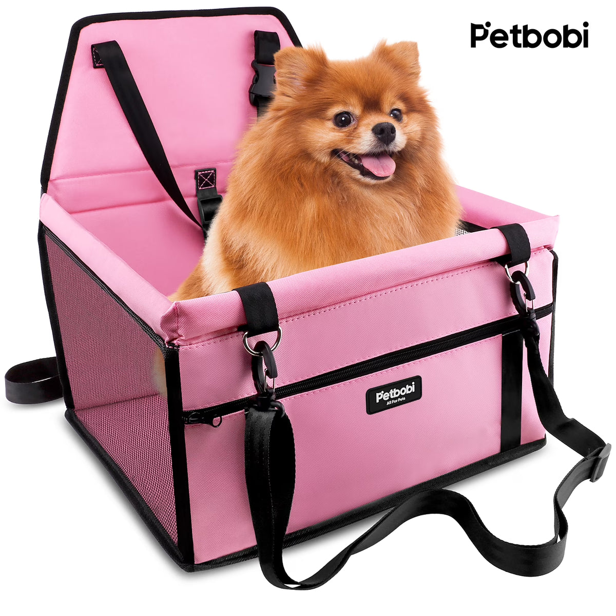 Pink dog car booster seat with safety leash