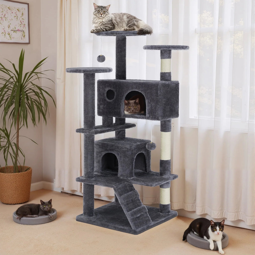 54 inch gray cat tree tower with scratching posts and condo — front view