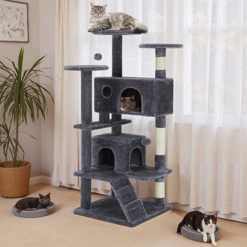 54 inch gray cat tree tower with scratching posts and condo — front view