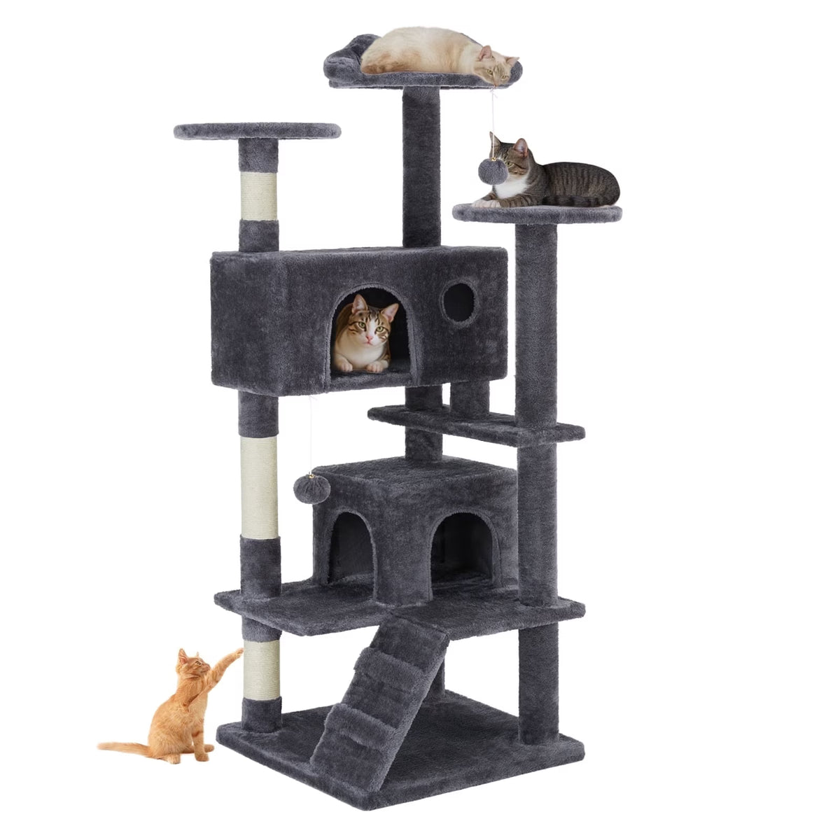 54 inch gray cat tree tower with scratching posts and condo