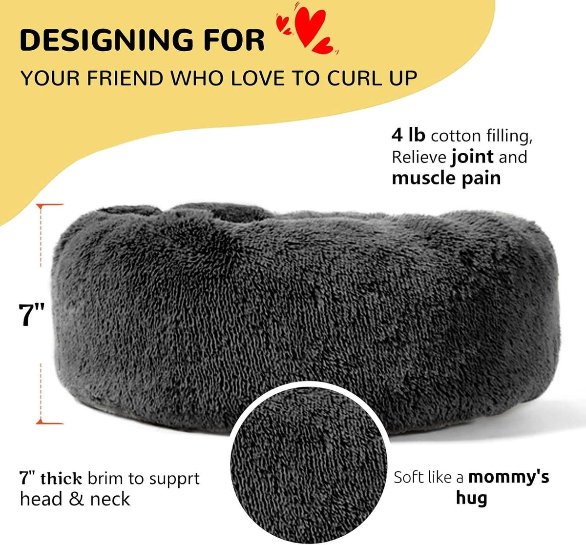 Calming donut cuddler pet bed in plush shag fur — front view