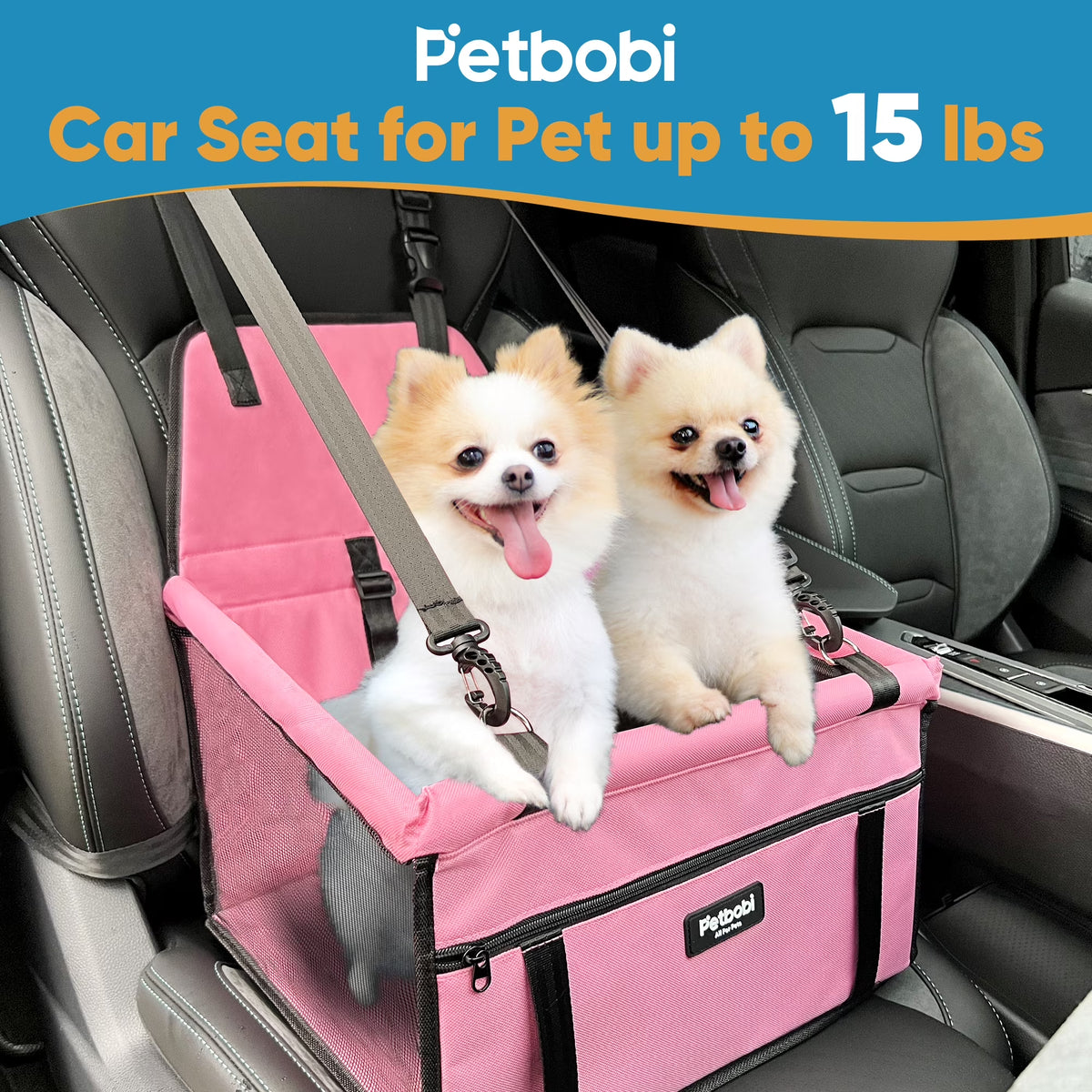 Pink dog car booster seat with safety leash — side view