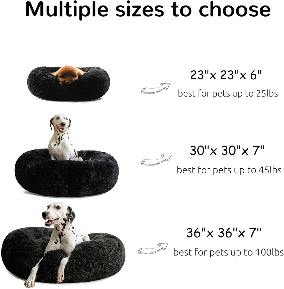 Calming donut cuddler pet bed in plush shag fur — side view