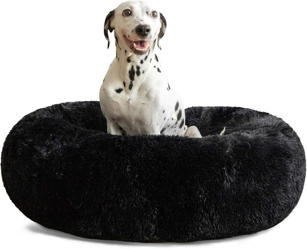 Calming donut cuddler pet bed in plush shag fur — alternate angle
