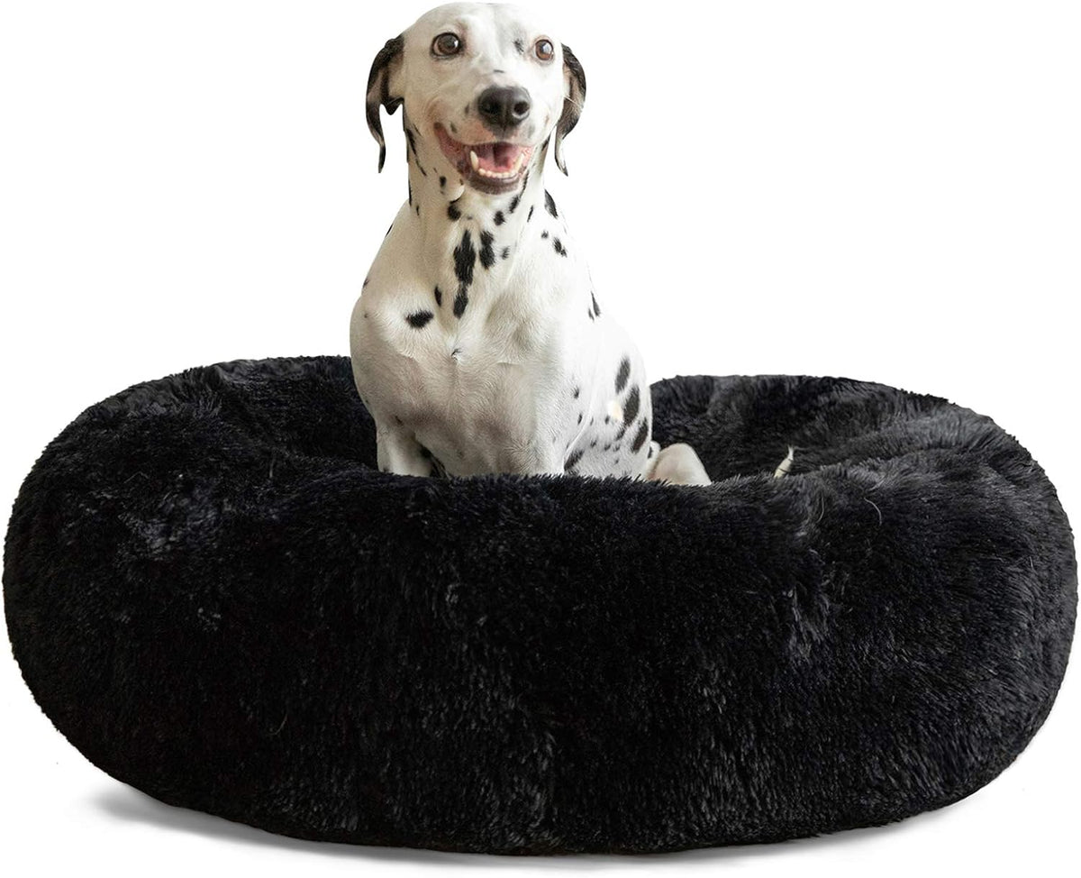 Calming donut cuddler pet bed in plush shag fur — alternate angle