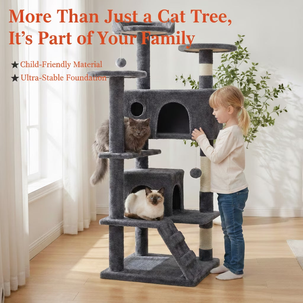 54 inch gray cat tree tower with scratching posts and condo — lifestyle view